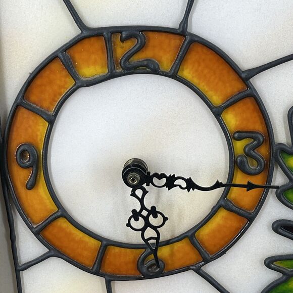 Vintage Simulated Faux Stained Glass Owl Clock Wood Frame Signed TAMOR Retro MCM - Picture 6 of 16